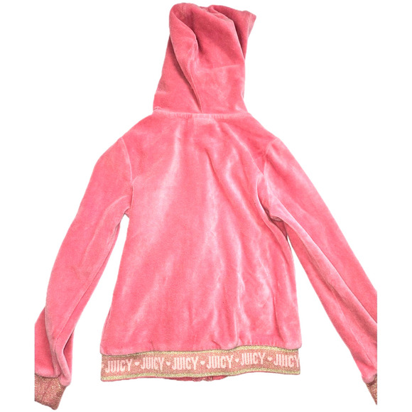 JUICY COUTURE Girls 7 Pink Velour Zip Hoodie Bling Cuffs & Logo‎ Waistband - Picture 4 of 16